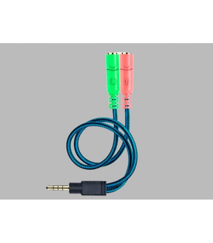 Adaptador que combina micrófono y auriculares.