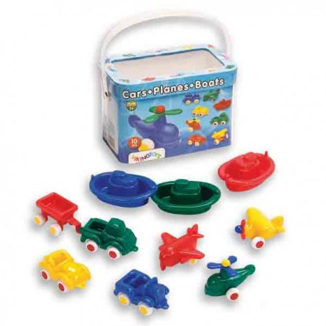 Cubo guardajuguetes con 10 vehículos