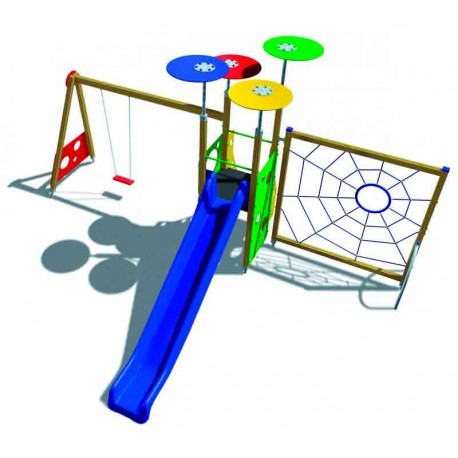 Sistema de juego trepa, tobogán y columpio