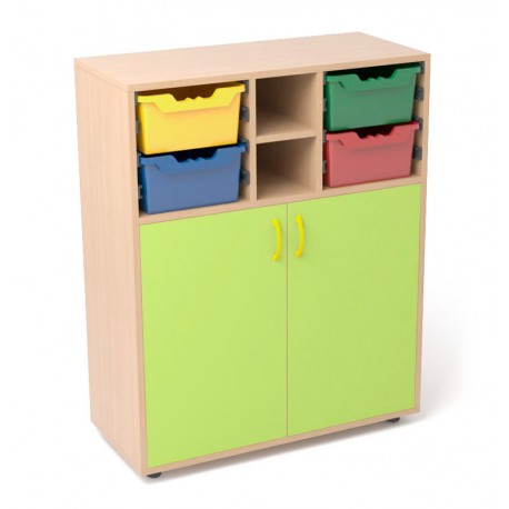 Armario de madera con 1 estante interior, 2 casilleros y 2 gaveteros